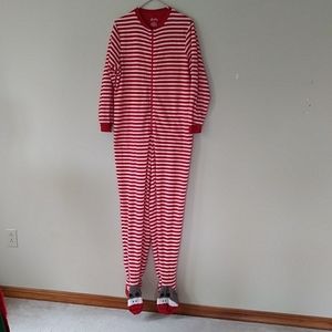 Nick & Nora One Piece Stripes Monkey Footed Pajama Medium Red White